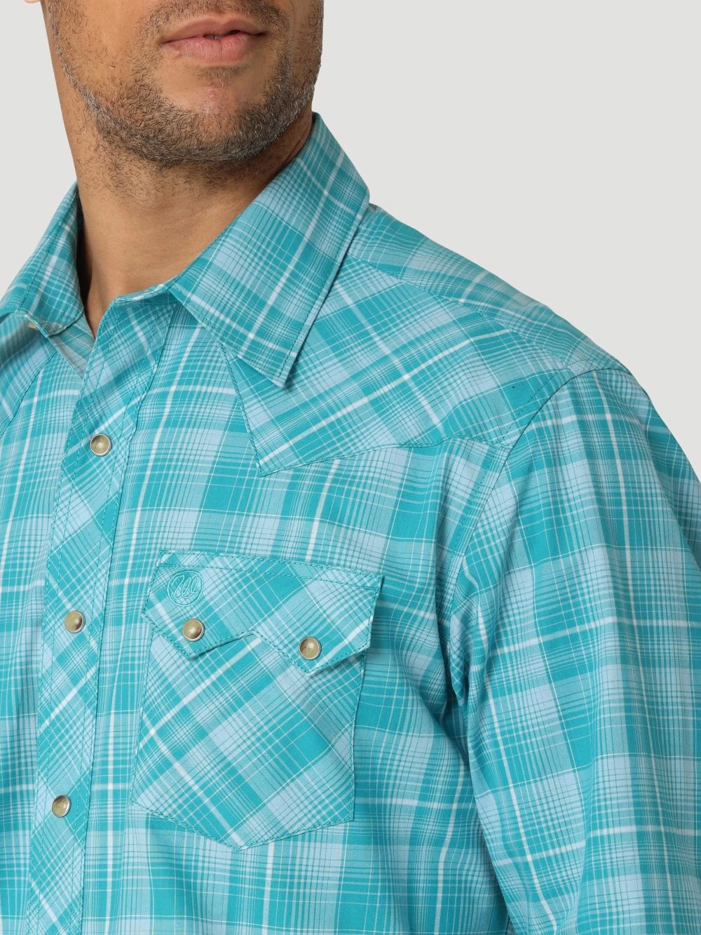 'Wrangler' Men's Retro Plaid Classic Fit Snap Front - Teal 2 'Wrangler' Men's Retro Plaid Classic Fit Snap Front - Teal - Image 2