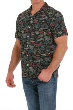 'Cinch' Men's Neon Sign Print Classic Fit Camp Shirt - Black