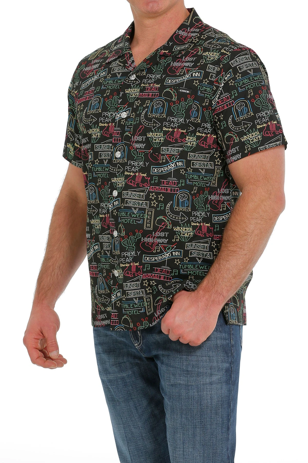 'Cinch' Men's Neon Sign Print Classic Fit Camp Shirt - Black 1 'Cinch' Men's Neon Sign Print Classic Fit Camp Shirt - Black