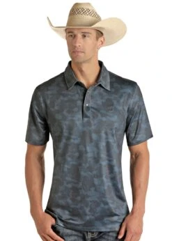 'Panhandle' Men's Performance Camo Snap Knit Polo - Navy