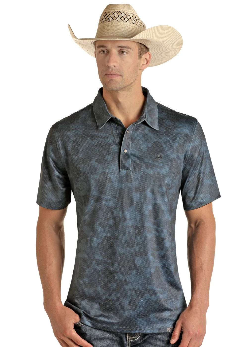 'Panhandle' Men's Performance Camo Snap Knit Polo - Navy 1 'Panhandle' Men's Performance Camo Snap Knit Polo - Navy