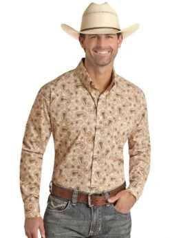 'Rock & Roll Denim' Men's Paisley Vintage Button Down - Tan / Brown
