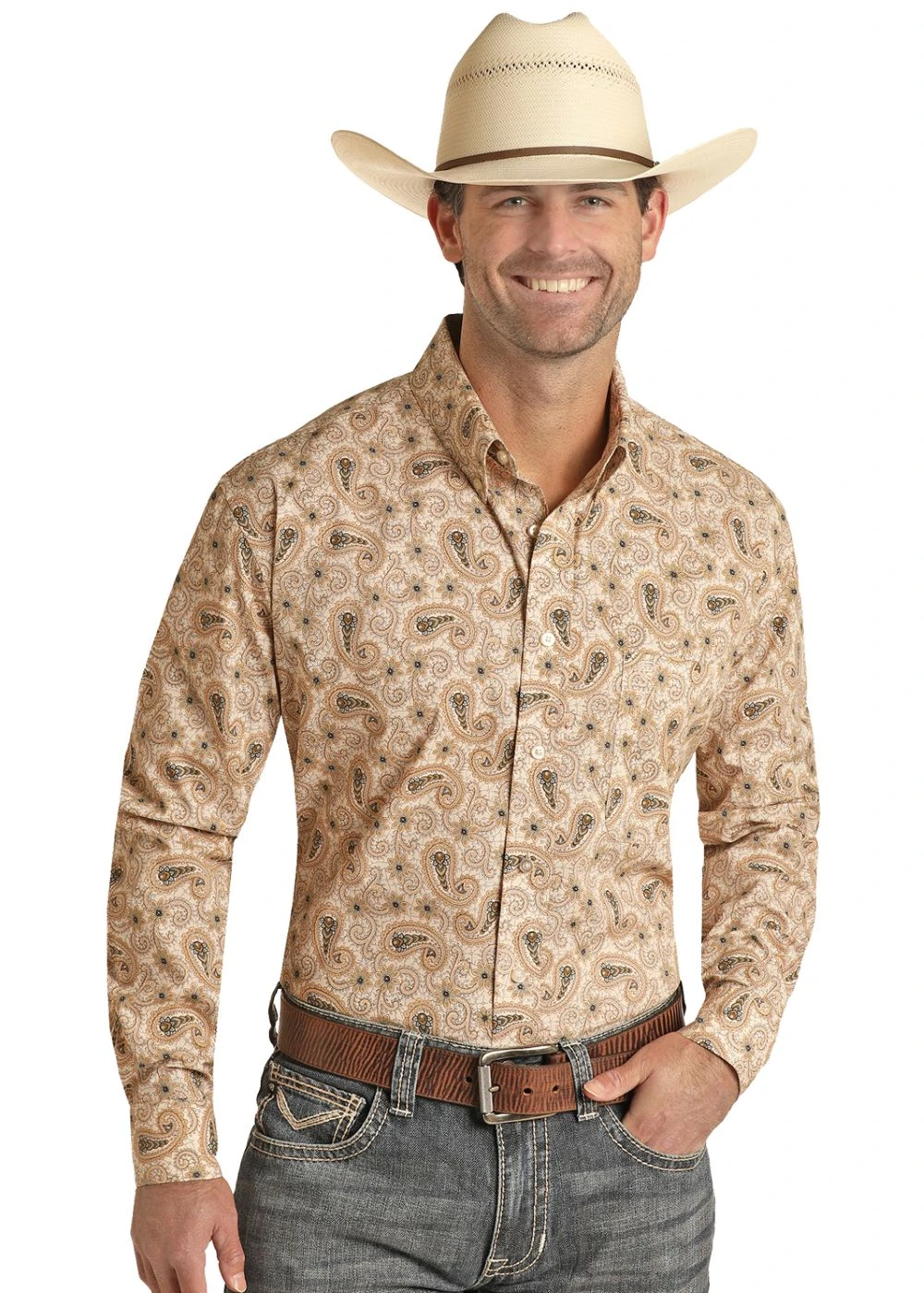 'Rock & Roll Denim' Men's Paisley Vintage Button Down - Tan / Brown 1 'Rock & Roll Denim' Men's Paisley Vintage Button Down - Tan / Brown